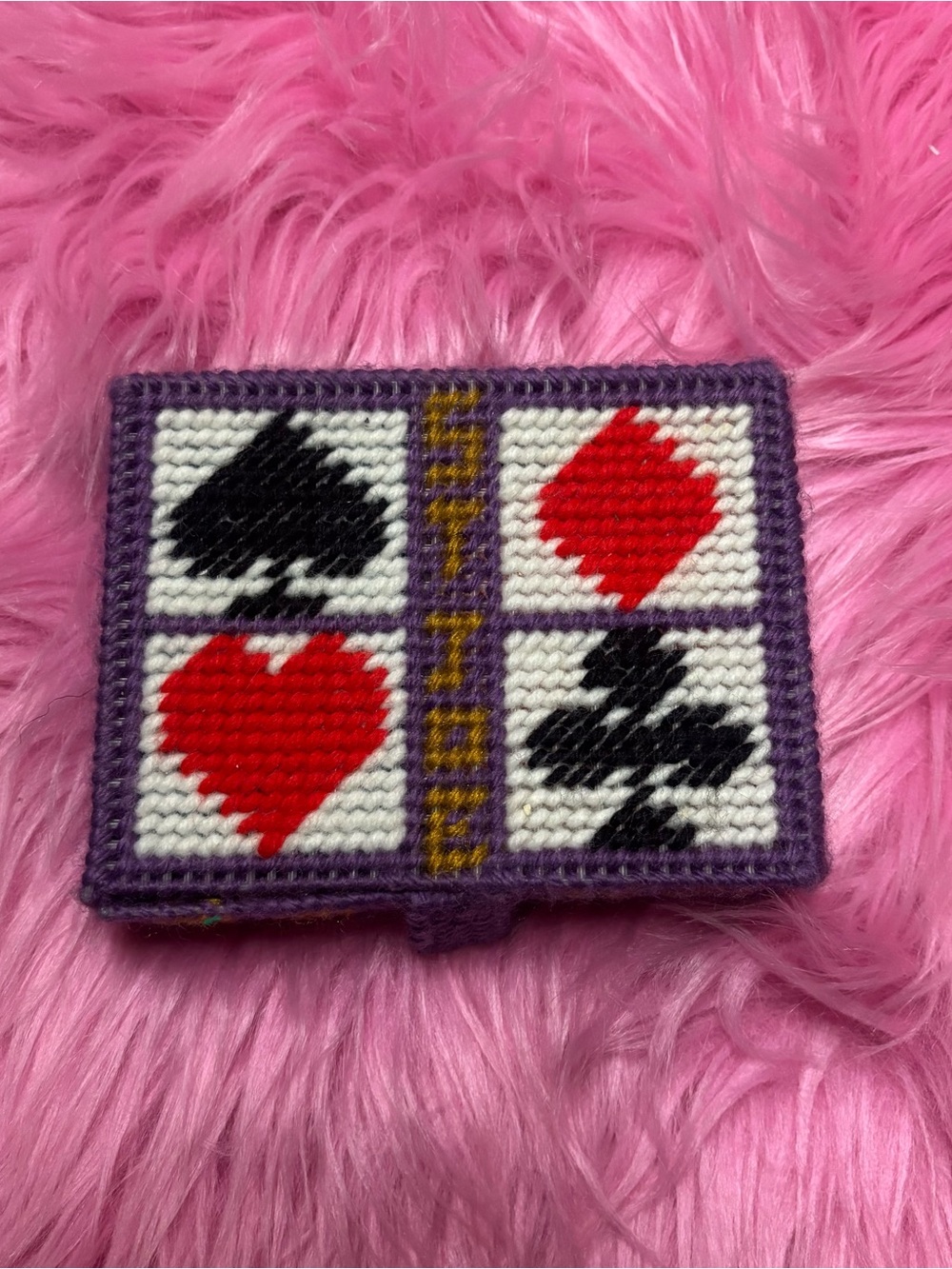 Handmade Card Suit Needlepoint Wallet in Purple and Red